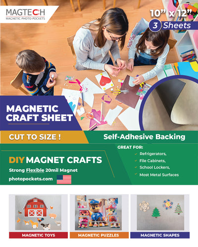 Magtech Magnetic Craft Sheet Infographic showing 3 pack 10x12 inch magnetic craft sheets for DIY magnet crafts